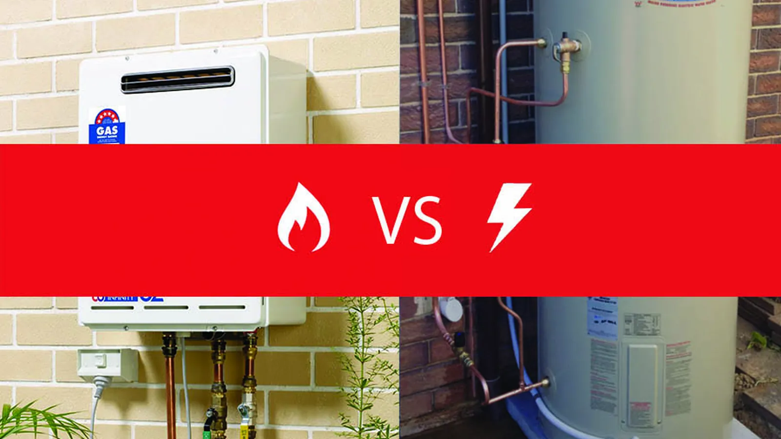 Comparison graphic of a gas continuous flow unit versus an electric storage hot water tank