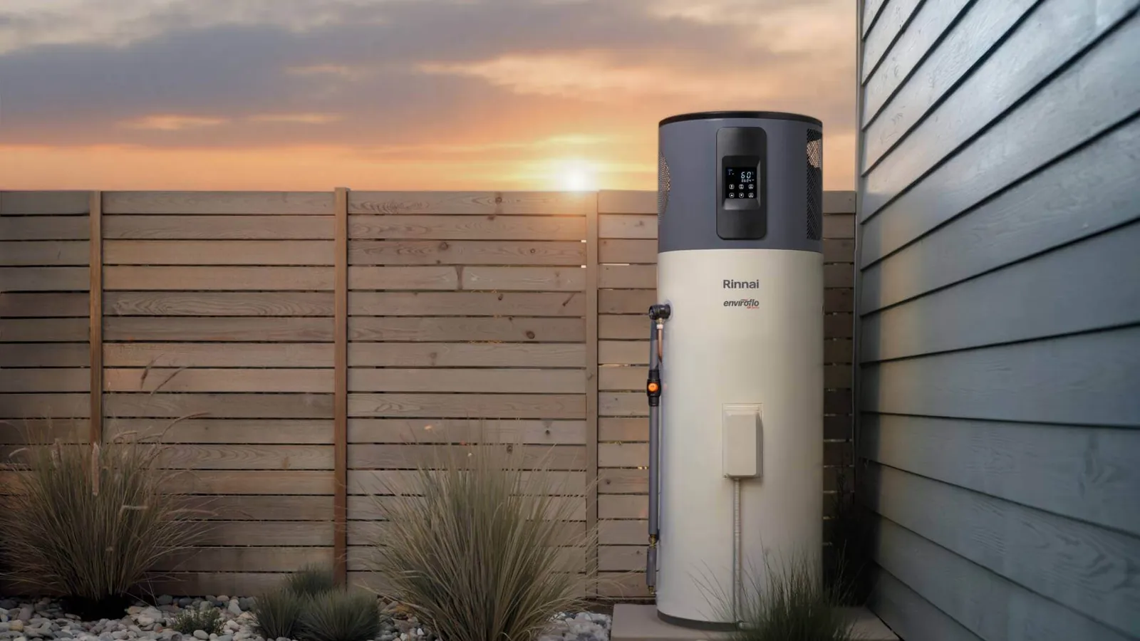 Rinnai Enviroflo heat pump hot water system installed at dusk